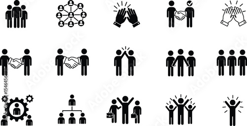 Collaborative Business People Icons: Teamwork, Partnership, Handshake, Celebration, Networking, and Leadership Symbols for Corporate, Social, and Professional Development Concepts.