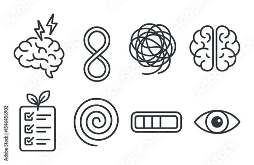 Overthinking and mind icons set – outline, brain and mental health symbols