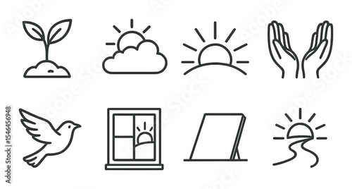 Icons of hope linear icons set – simple, spiritual and motivational graphics collection