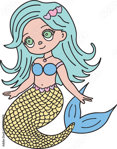 Mermaid colorful pastel colors vector illustration Hand-drawn cartoon character Great for books, greeting cards, educational material, kids party invitations