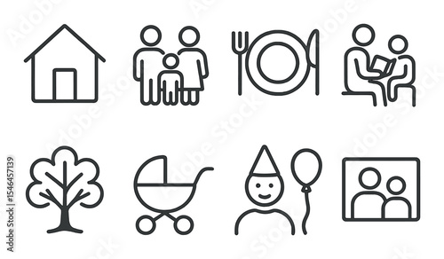 Family life icons set – outline, home and parenting design elements
