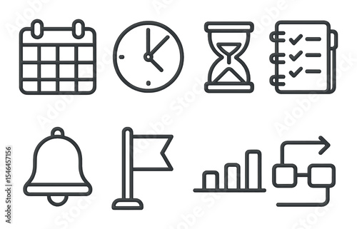 Time management linear icons set – organize, schedule and productivity tools