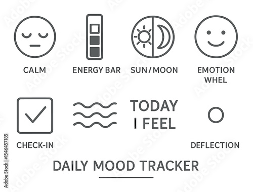 Mood tracking icons set – outline, emotional wellness and daily reflection symbols