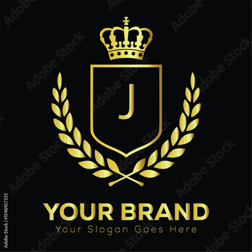 Golden shield and laurel wreath J vector emblem with royal heraldic design