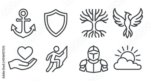 Symbols of resilience icons set – outline, strength and perseverance graphics
