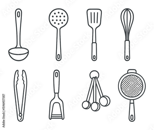 Cooking utensils icons set – outline, kitchen tools and culinary essentials collection
