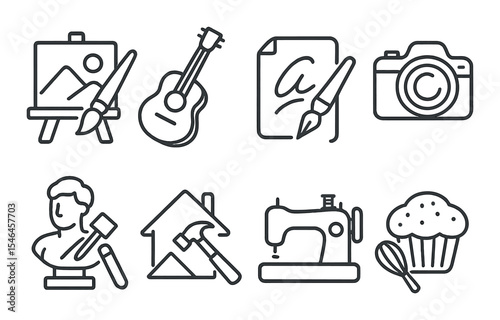 Creative hobbies icons set – outline, artistic and leisure activity symbols