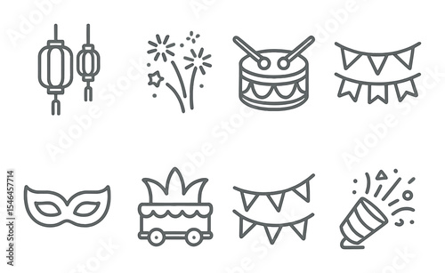 Festive celebration icons set – outline, simple party and holiday symbols