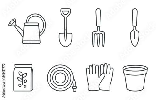 Gardening tools outline icons set – simple, horticulture and nature symbols