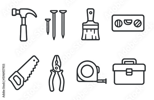 Diy tools outline icons set – essential, crafting and home improvement symbols