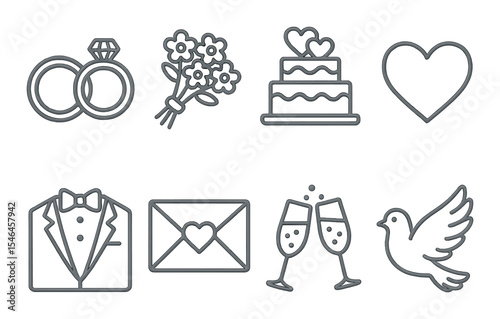 Wedding icons set – outline style, marriage and celebration symbols collection