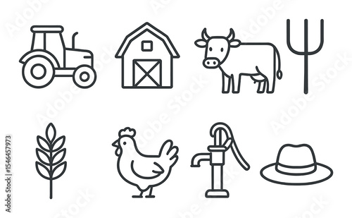 Farm life icons set – outline, agriculture, rural and farmyard symbols