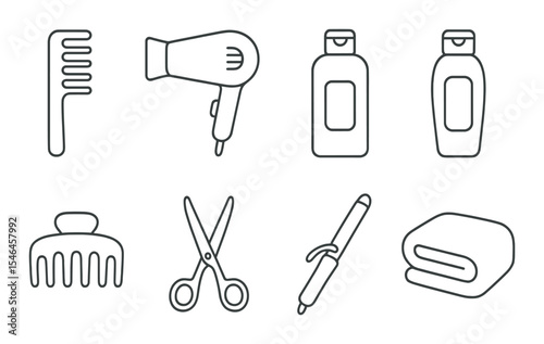 Hair care essentials icons set – outline, grooming and styling tool designs