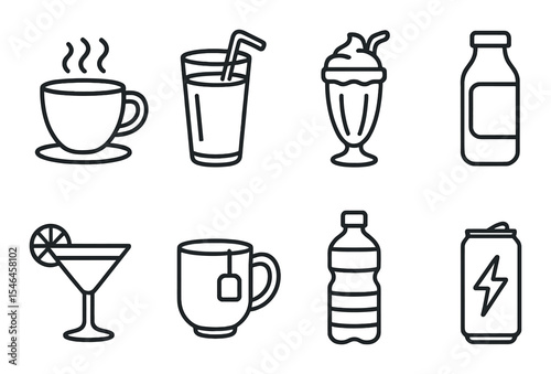 Colorful beverage icons set – outline, drink and refreshment symbols for design