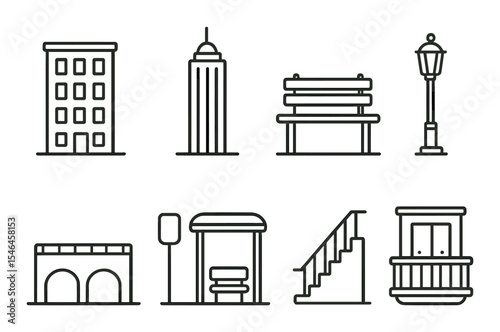 Urban architecture icons set – line, cityscape and building design symbols