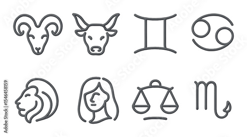 Zodiac signs icons set – outline, horoscope and astrology symbol collection