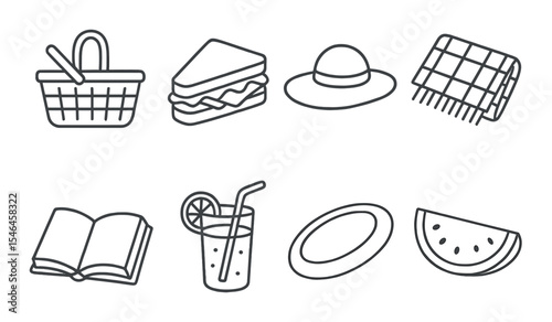 Picnic essentials icon set – outline, summer leisure and outdoor activity symbols