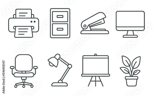 Office equipment icons set – outline, workspace essentials and productivity tools