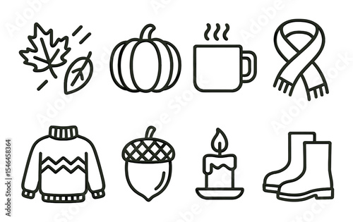 Autumn icons set – outline, seasonal fall essentials and harvest symbols