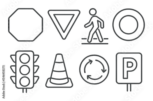 Minimalist traffic signs icons set – outline, road and safety symbol graphics