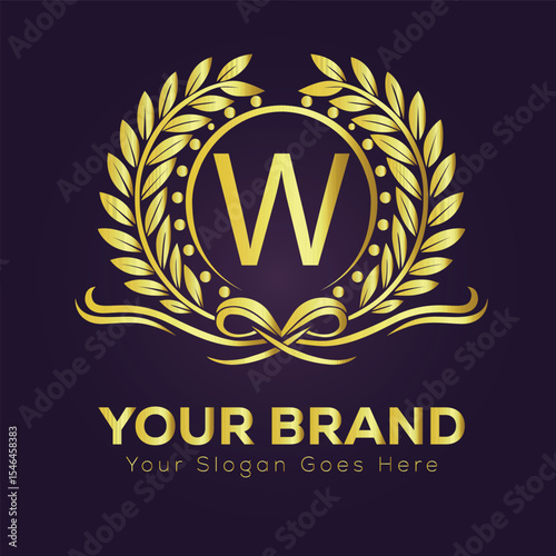 Golden laurel wreath vector icon: W vintage design element symbolizing anniversary, success, or premium quality