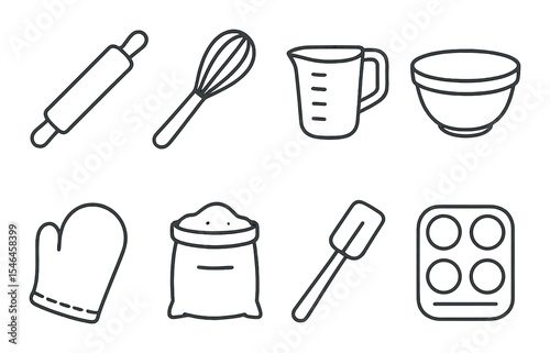 Baking tools outline icons set – line, kitchen utensils and cooking essentials