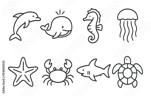 Sea animals outline icons set – marine, ocean life collection for easy identification