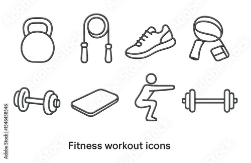 Fitness and workout icons set – linear, exercise and gym symbols collection