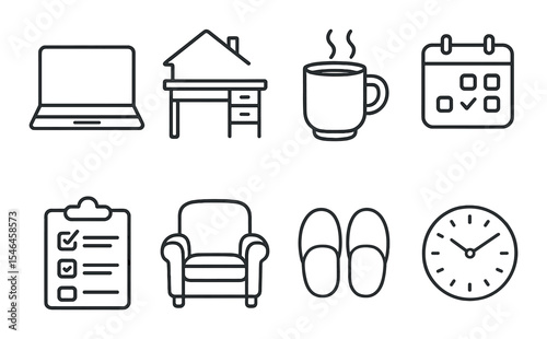 Home office essentials icons set – outline, workspace and productivity symbols