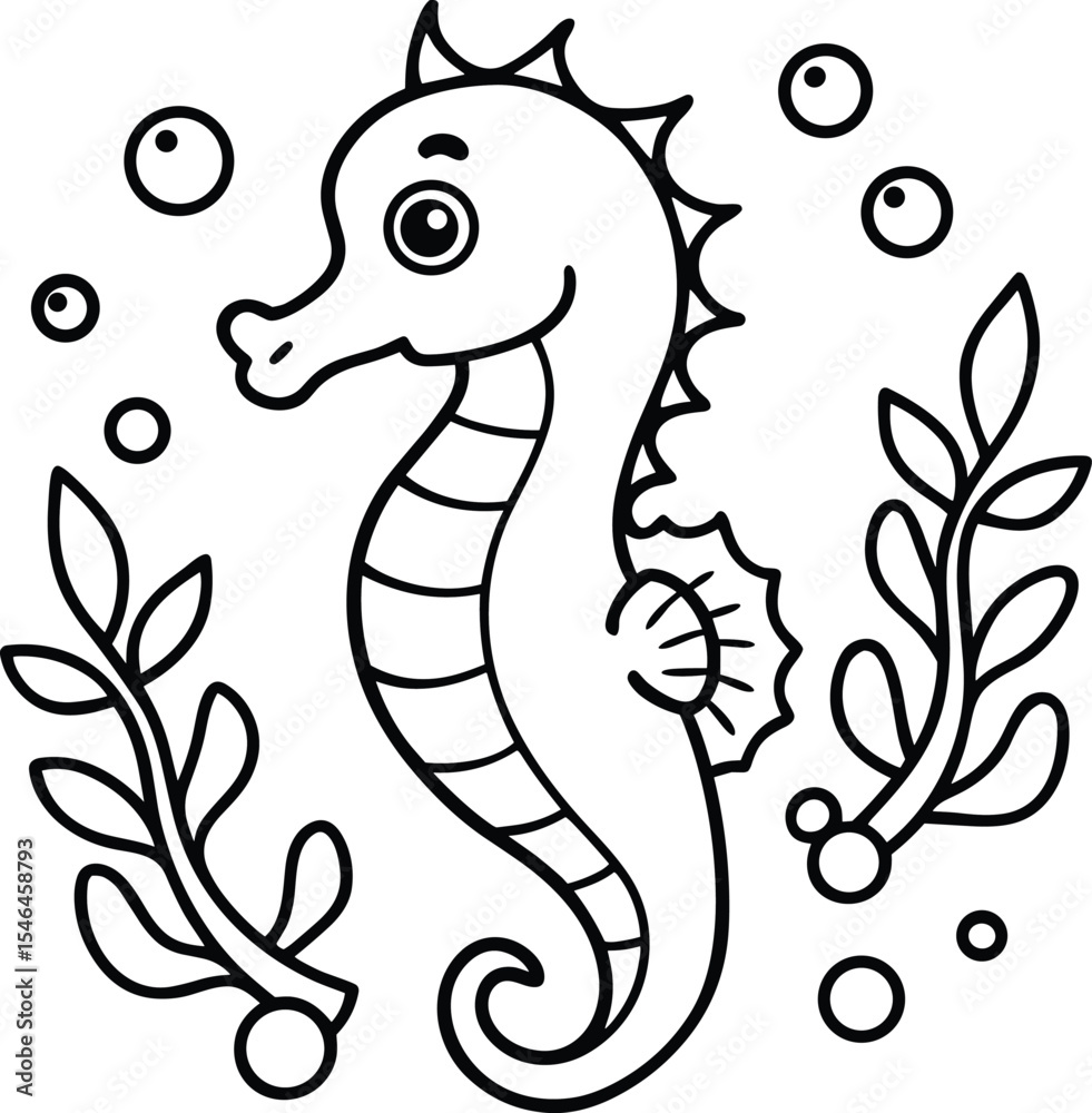 Fototapeta premium Cute Seahorse Coloring Page for Kids, Black and White Underwater Seahorse Illustration, Seahorse with Seaweed and Bubbles Outline Drawing.