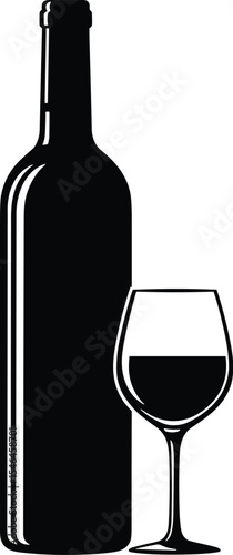 Elegant Black Silhouette of a Classic Wine Bottle and Full Glass, Perfect for Beverage Menus, Restaurant Promotions, Winery Websites, and Sophisticated Design Projects.