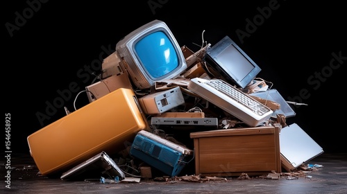 An overwhelming pile of outdated electronic devices, including old monitors and keyboards, symbolizes technological evolution and the chaos of modern consumerism.