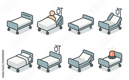 Hospital bed icons set – flat, healthcare and medical bed symbol collection