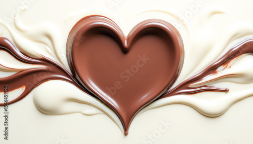 liquid dark chocolate with milk in the shape of a heart, abstract background