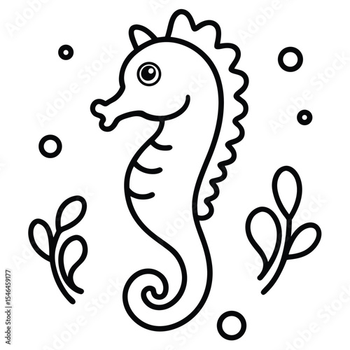 Cute Seahorse Coloring Page for Kids, Black and White Underwater Seahorse Illustration, Seahorse with Seaweed and Bubbles Outline Drawing.