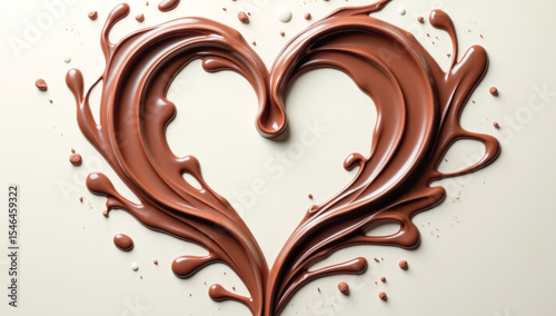 liquid dark chocolate with milk in the shape of a heart, abstract background
