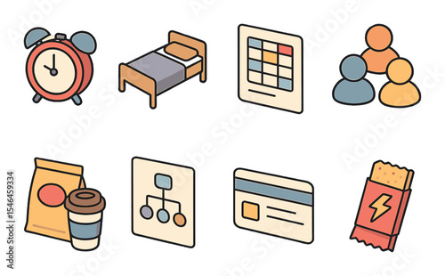 Student essentials icons set – flat, educational and study tools symbols