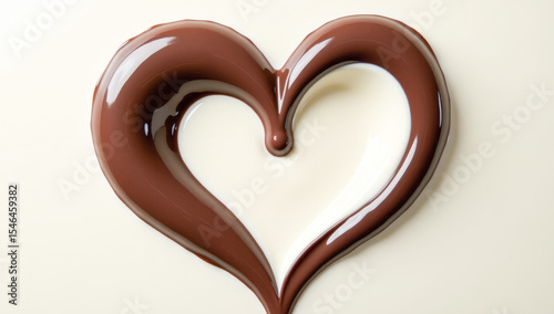 liquid dark chocolate with milk in the shape of a heart, abstract background