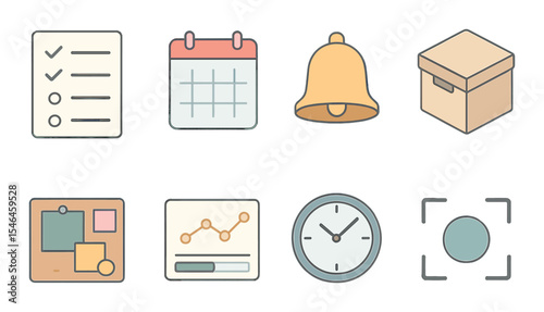 Hobby planning icons set – outline, organizing and scheduling symbols