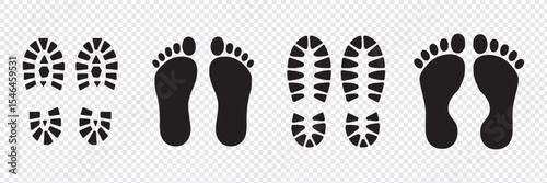 Different human footprints. Imprint soles shoe silhouette. adults steps Flat style collection. Human footprints icon set.