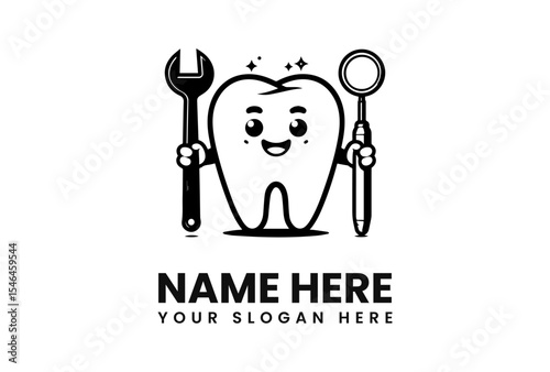 Smiling cartoon tooth holding a wrench and dental mirror, ready for checkup.