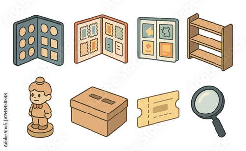 Collecting hobby icons set – flat, collectibles and philately symbols