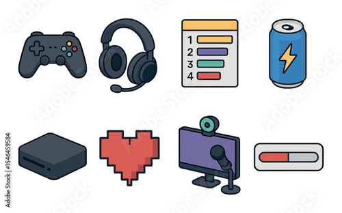 Gaming icons set – outline, minimal and gamer-themed graphic symbols