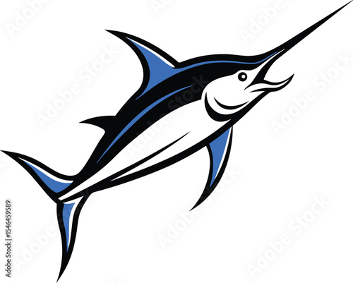 Marlin Fish Vector Logo Illustration, Swordfish Jumping Isolated Clipart Design, Sport Fishing Marlin Icon Graphic.