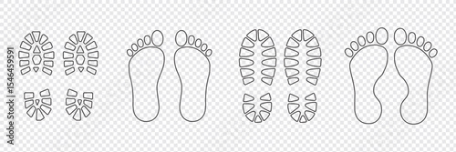 Different human footprints. Imprint soles shoe silhouette. adults steps Flat style collection. Human footprints icon set.