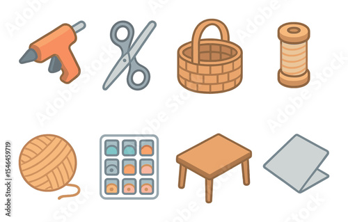Crafting tools icons set – outline, diy supplies and creative crafting essentials