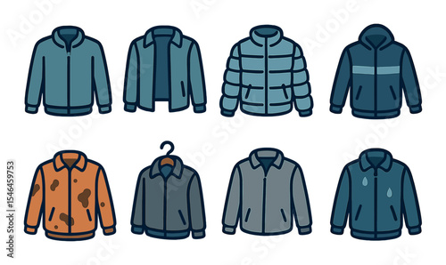 Jacket icons set – outline style, coat and outerwear graphic symbols