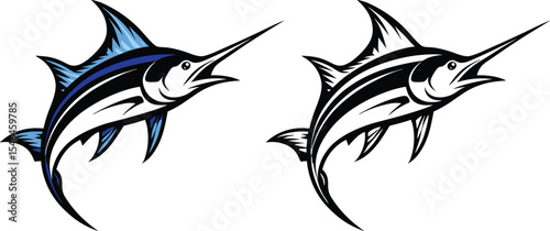 Marlin Fish Duo Vector Illustration, Sport Fishing Swordfish Graphic Design, Set of Marlin Fish Vector Logo Illustration.