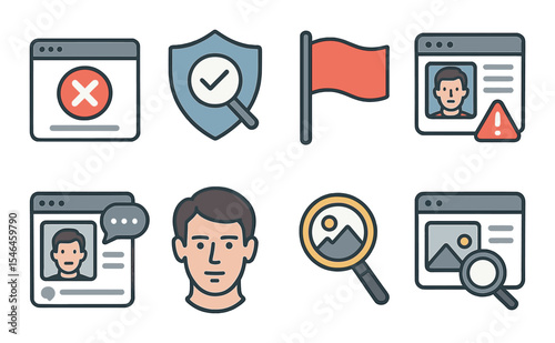 Misinformation alert icons set – outline, warning and notice communication graphics