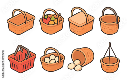 Basket icons set - outline, diverse containers and simple shopping symbols
